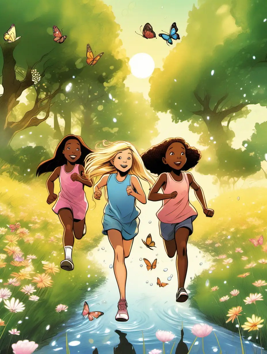cartoon of a young european girl with long blonde hair running next to a young african american girl running next to a young korean girl in a grassy field filled with flowers under a shade tree beside a bubbling water brook in with butterflies and sunshine in the sky in the distance