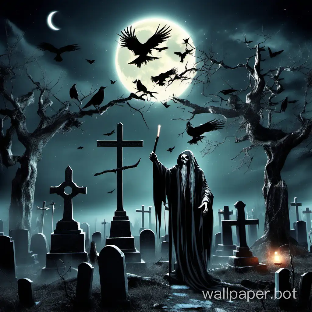death wizard with wand in a dark night, big full moon in the sky, grave stone yard, some crows flying in the sky and some are standing on the branches or dry old tree