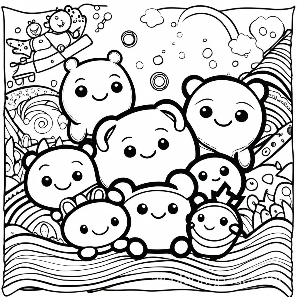 Squishmellows plays with eachother, Coloring Page, black and white, line art, white background, Simplicity, Ample White Space. The background of the coloring page is plain white to make it easy for young children to color within the lines. The outlines of all the subjects are easy to distinguish, making it simple for kids to color without too much difficulty