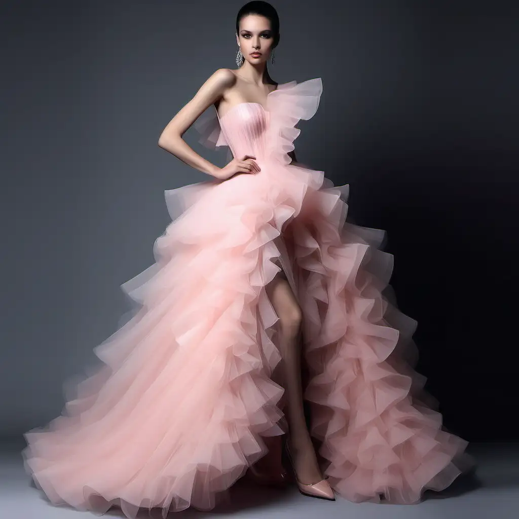 Exotic Shape Model Showcasing Elegant Ruffle Tulle Long Dresses
