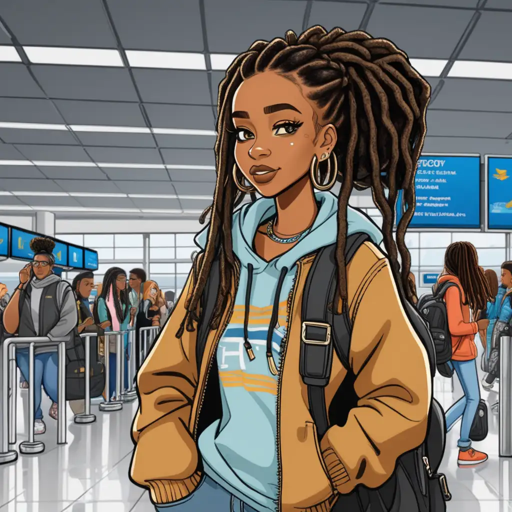 cartoon college fashion black girl with dreads in airport
