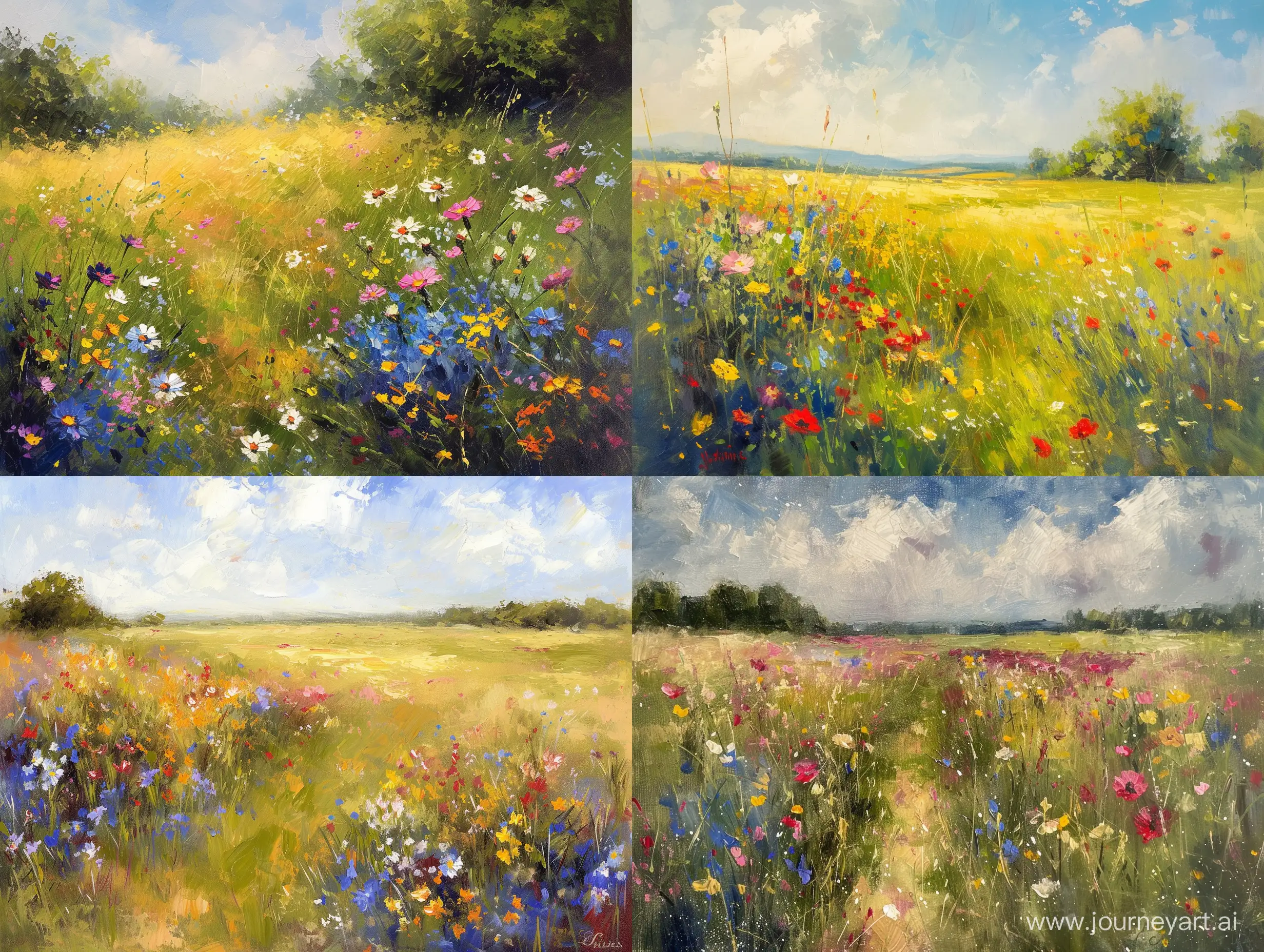 Wildflower Field Landscape Painting, Vintage Meadow Landscape, Country Field,in painting impressionism painting style,crystal clear vintage art with visible brush strokes.