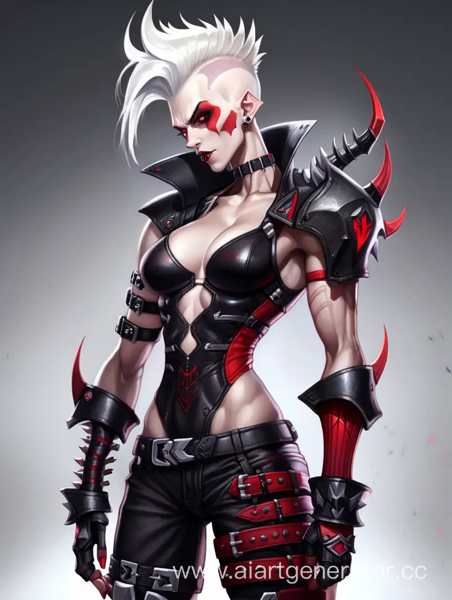 Vampire, muscular body, short white punk hair with mohawk, cyberpunk black and red vampire armor, horns, female character