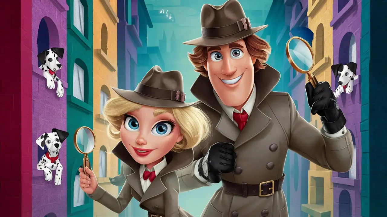 Short blonde woman with big blue eyes and a tall man with wavy brown hair and blue eyes,
dressed as detectives, searching for dalmatians