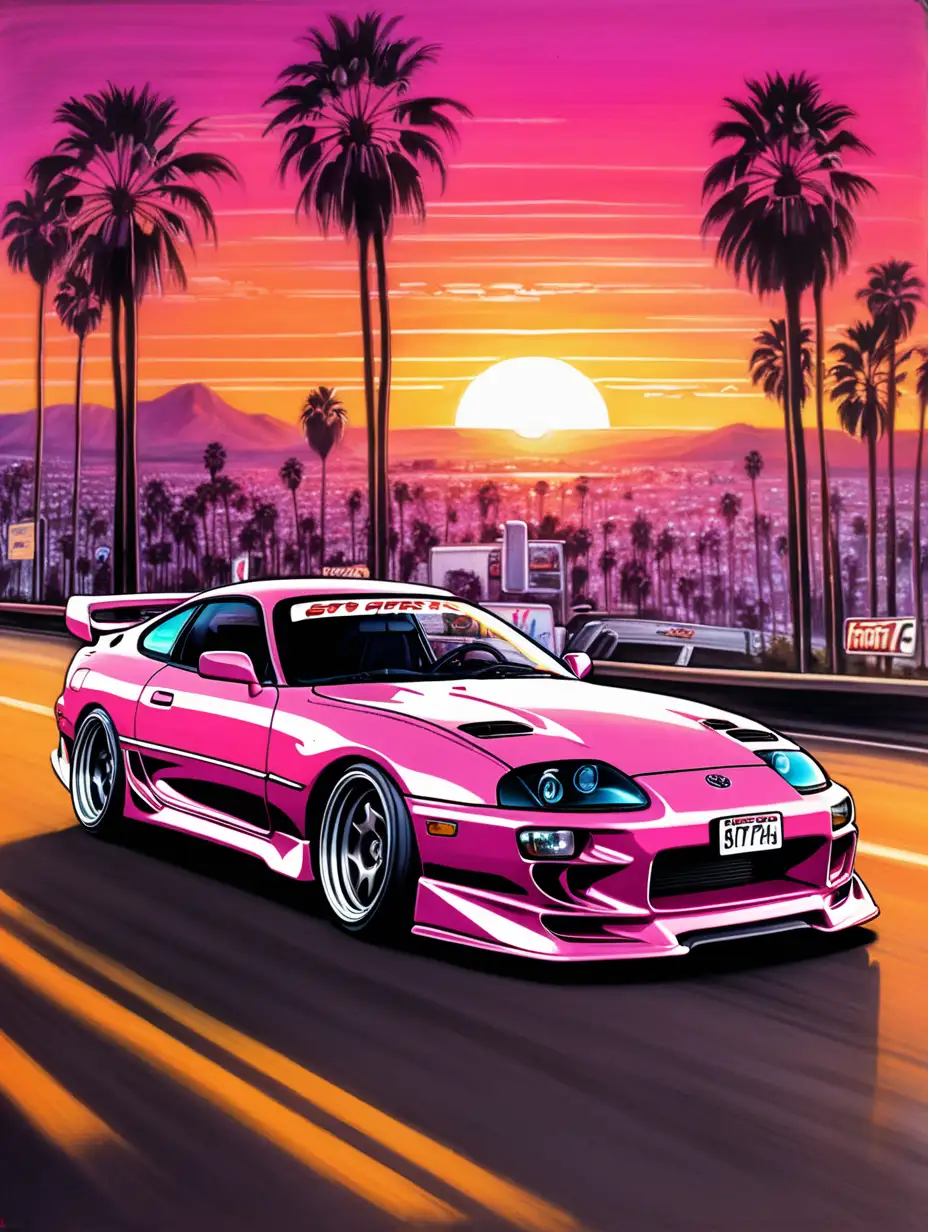 Toyota Supra Drift Art 80s Retro Sunset Boulevard