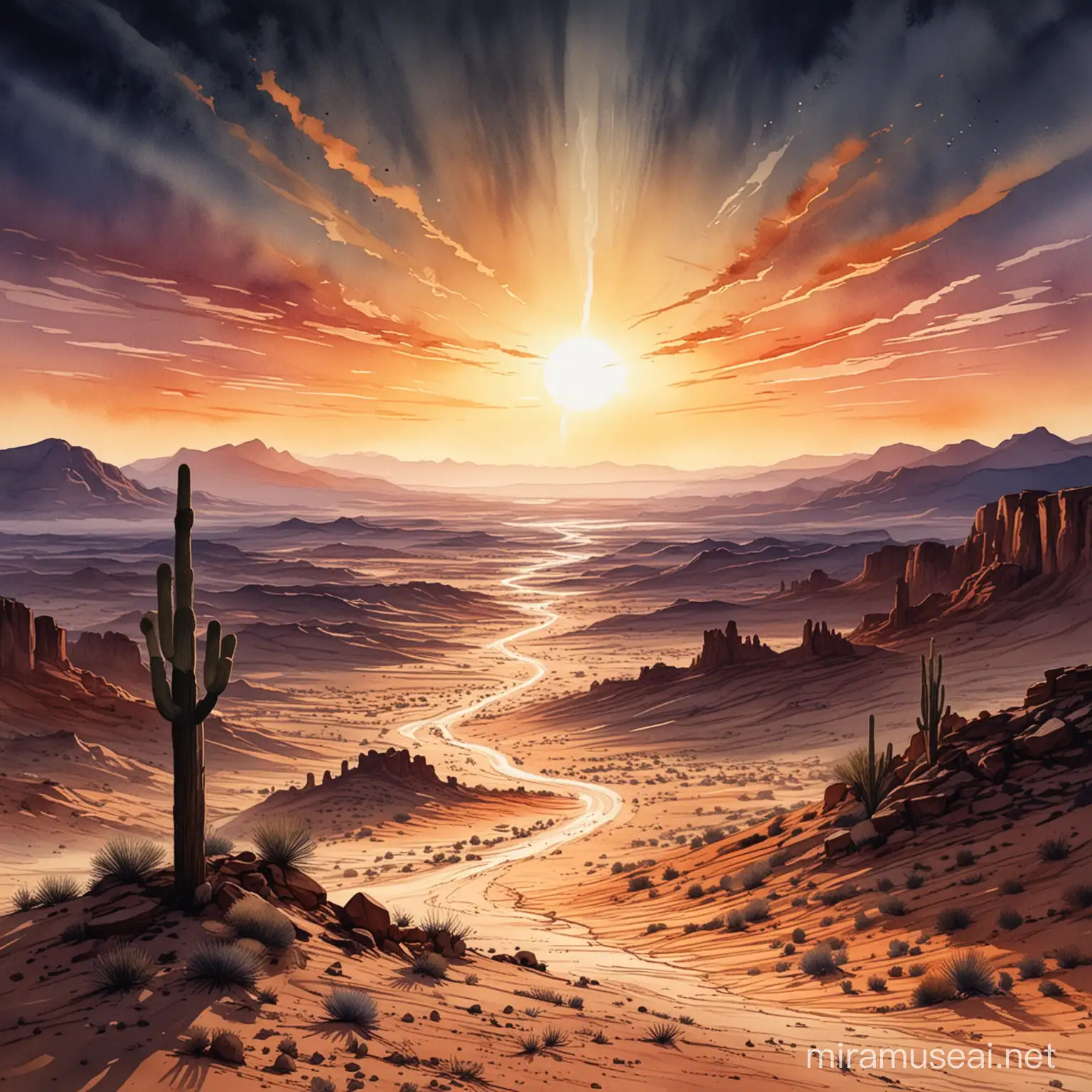 Sublime Sunrise Over Desert Landscape Watercolor Painting with Strong Lines