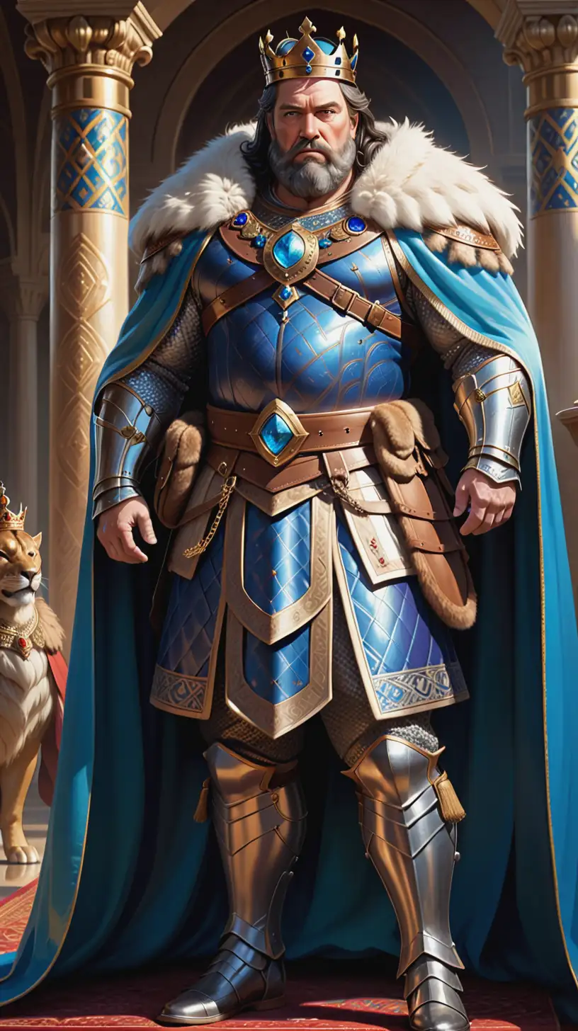 An image of a powerful king in his mid fifties, dark hair, broad solders, blue eyes, strong but big Belly, wearing royal armour giving off wealth and pride, with decorations and engravings, medium sized beard, and a cape with furr on the outlines, in a throne room in a detailed fantasy style 