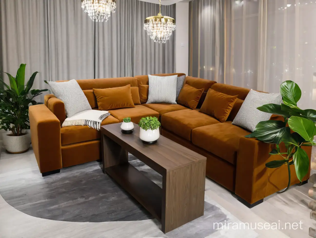 MAKE A modern living room. PUT chandelier and lights. PUT PLANTS. DO NOT CHANGE THE SOFA COLOR and design
