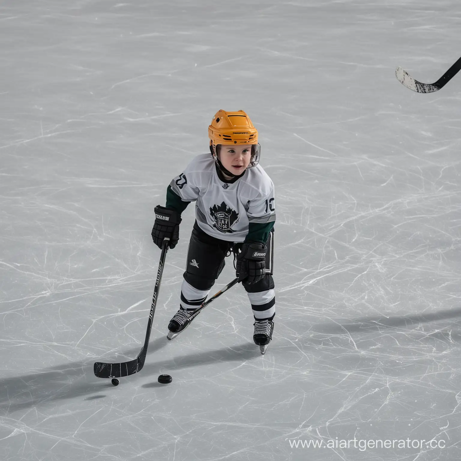 Младенец хоккеист на льду арене с шайбой