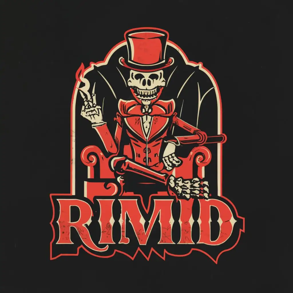 a logo design,with the text "RIMID", main symbol:Red Skeleton Smoking a Joint, black background,Moderate,be used in Entertainment industry,clear background