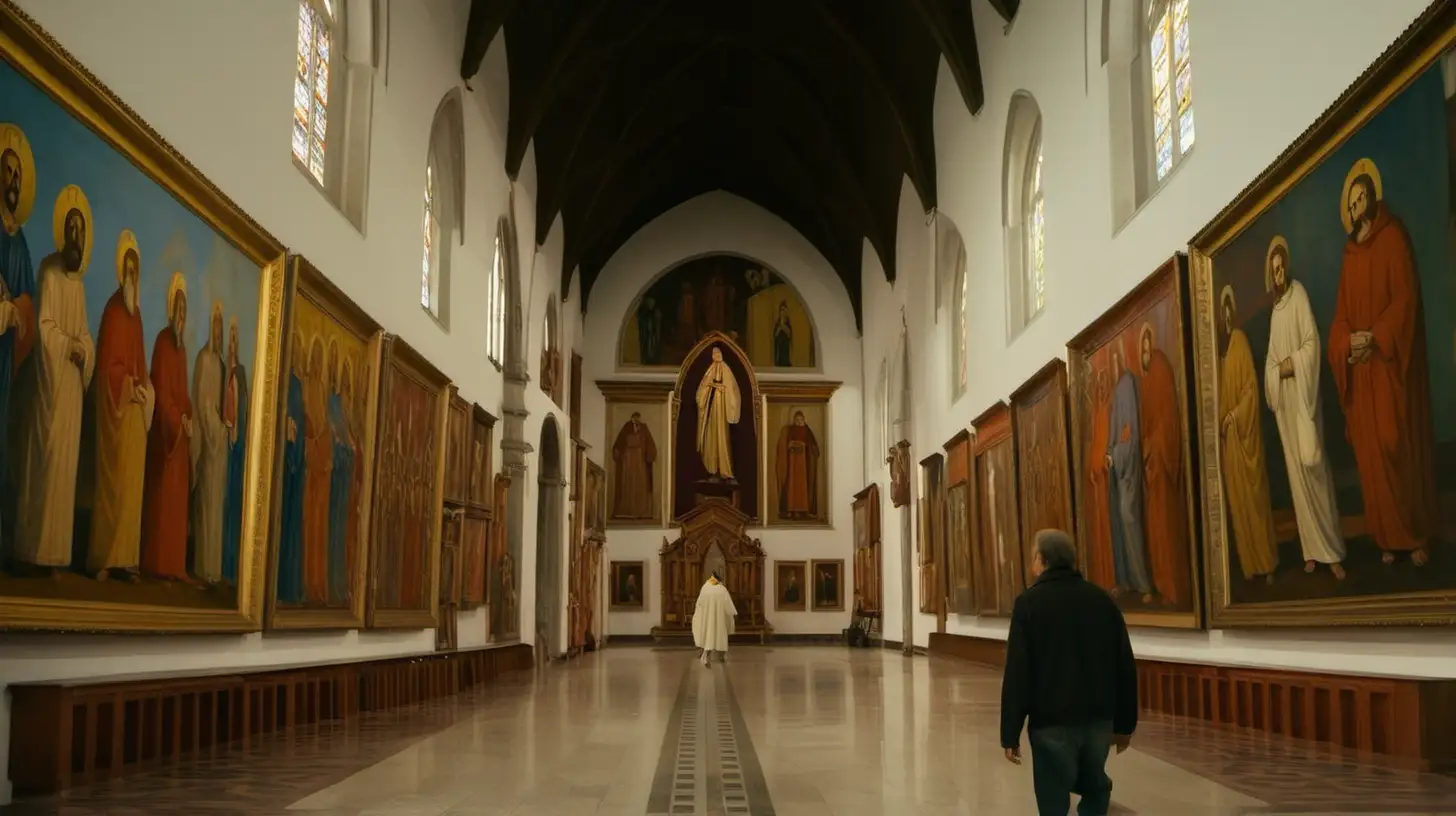 A man walking through a large churchlike room with paintings and sculptures of saints. Side view