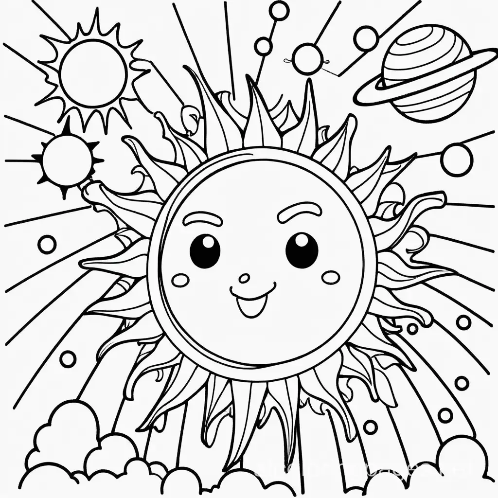 sun in outter space, Coloring Page, black and white, line art, white background, Simplicity, Ample White Space. The background of the coloring page is plain white to make it easy for young children to color within the lines. The outlines of all the subjects are easy to distinguish, making it simple for kids to color without too much difficulty