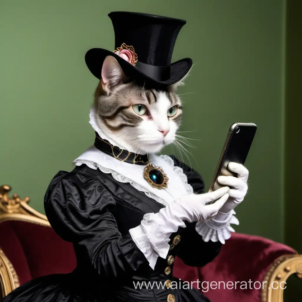 Victorian-Countess-Cat-Engrossed-in-Smartphone-Elegance