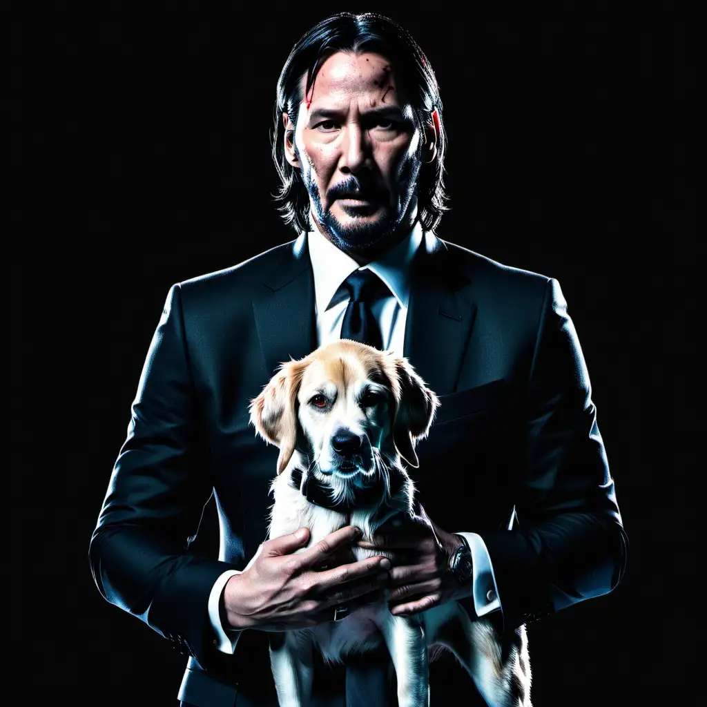 John wick, in a black background holding his dog