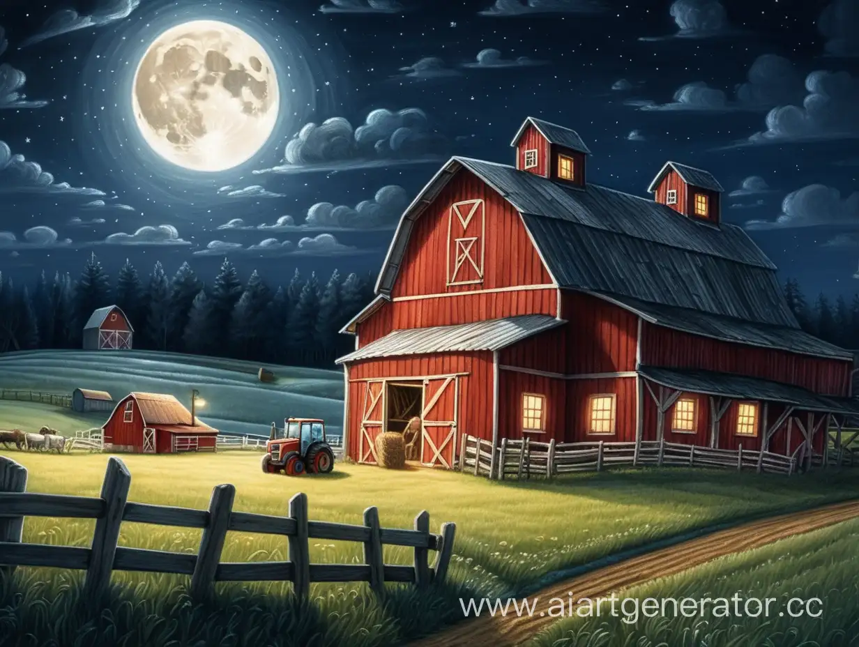 hello draw a cartoonish night farm, the moonlight illuminates the farm, there stands a farmer's barn