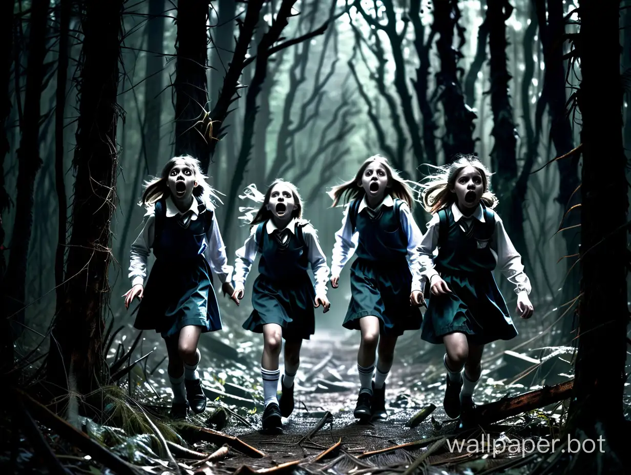 Young schoolgirls fleeing in horror in an eerie dark forest