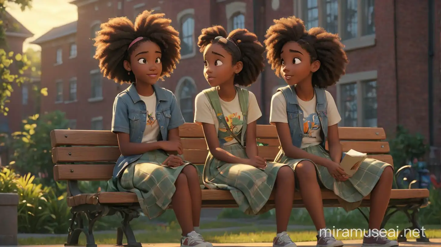 create an image of 2 teen African-American girls talking as they sit on a bench in front of the school.
illumination, Disney- Pixar style illustration 3-D Animation, 4k