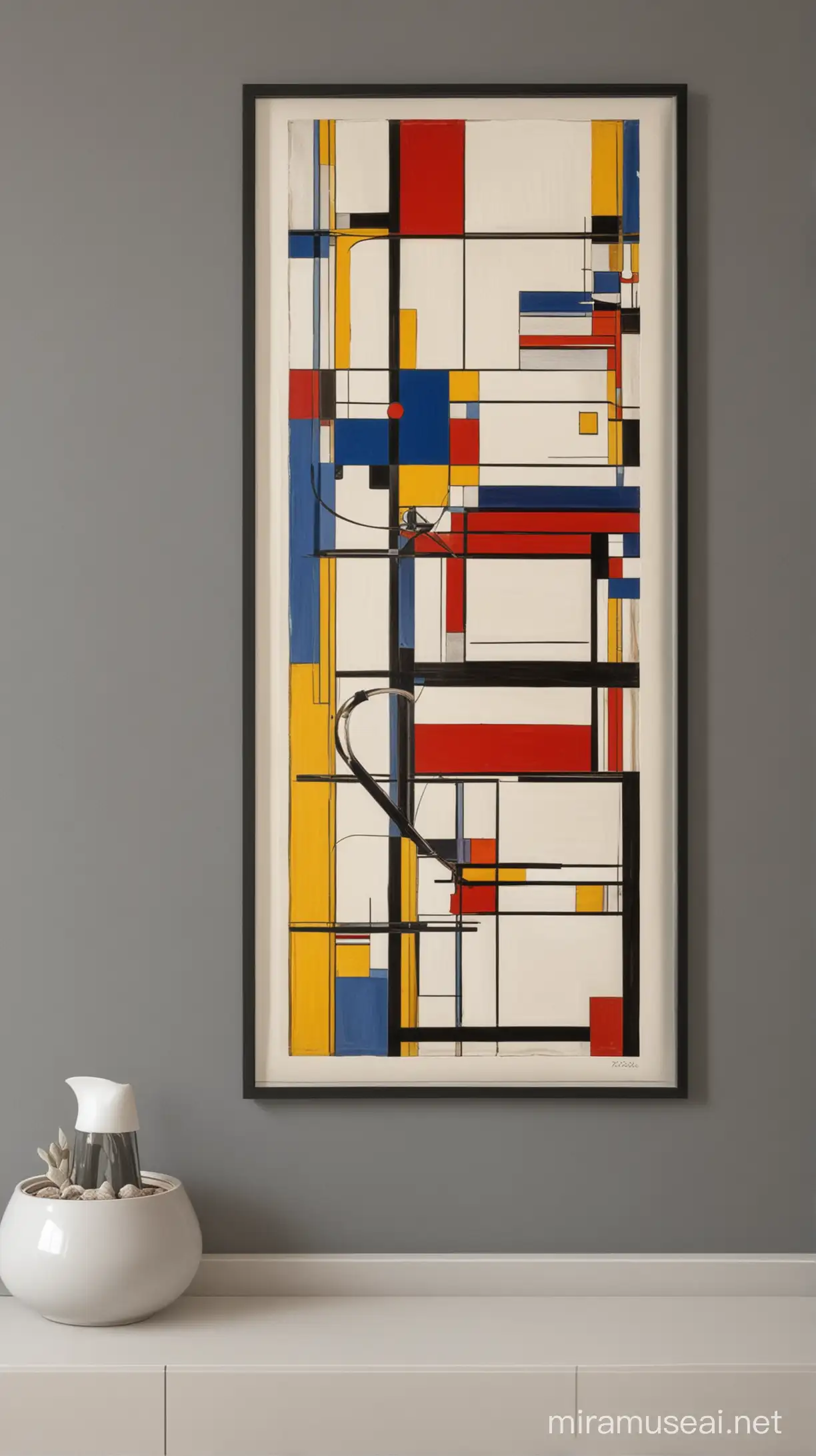 Abstract Fusion Art Combining Mondrian and Kandinsky in a 30x90 Frame