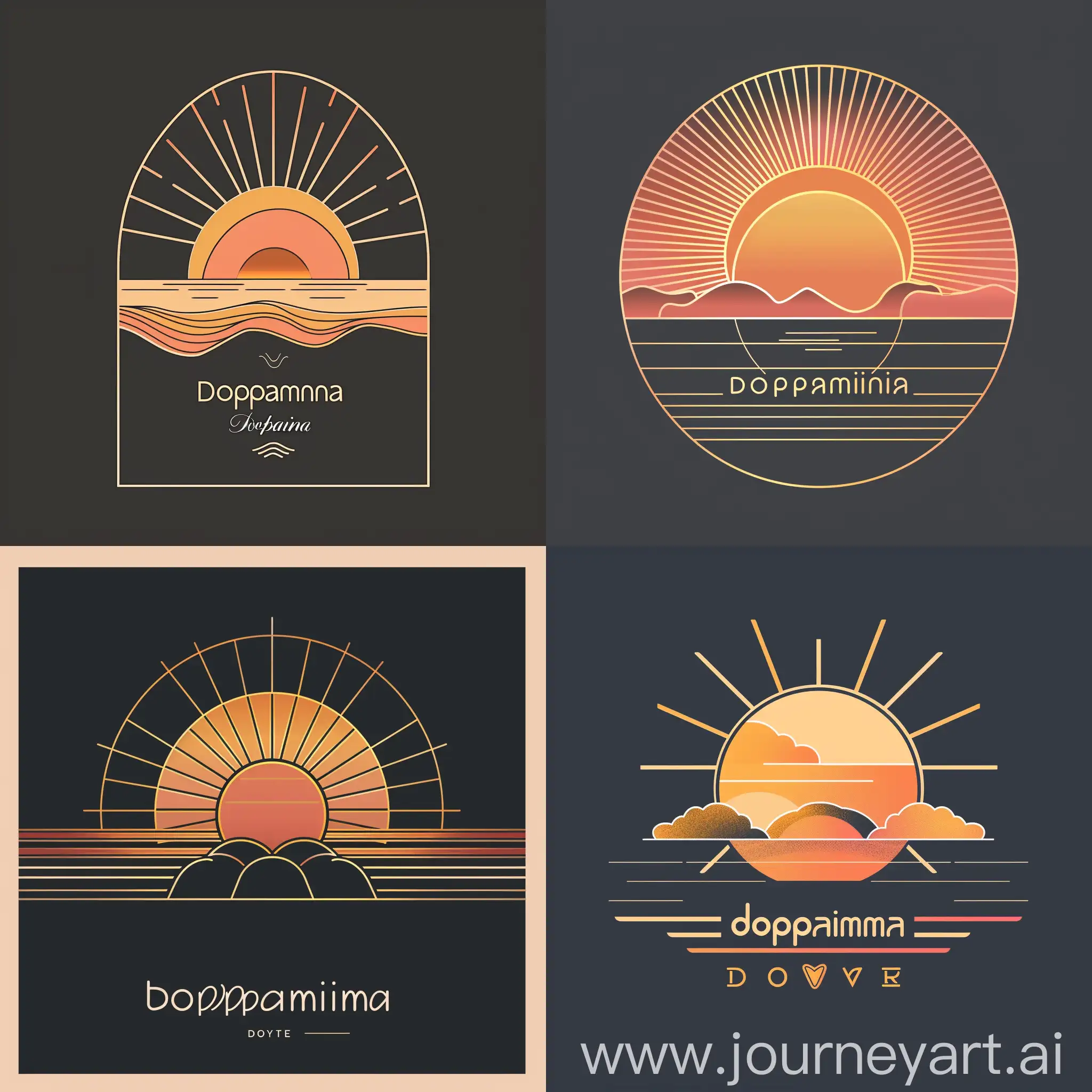 The logo would be composed of a stylized representation of the sun setting over the horizon, creating an atmosphere of sunset by the sea. The sun would be designed in an elegant and modern way, with smooth and refined lines to convey the feeling of luxury and sophistication. The colors used would be warm tones of orange, gold and pink to represent the sky in late afternoon tones.  The name "Dopamine" would be written in an elegant, stylized font, positioned below the sun, in a color that stands out against the background, such as white or gold. The word "Dopamine" would be accompanied by a small icon or decorative detail that resembles a gentle wave, to emphasize the connection with the sea and music.  The end result would be a sophisticated logo, which conveys the unique atmosphere of a sunset by the sea and reflects the style and personality of the DJ and his project "Dopamina"