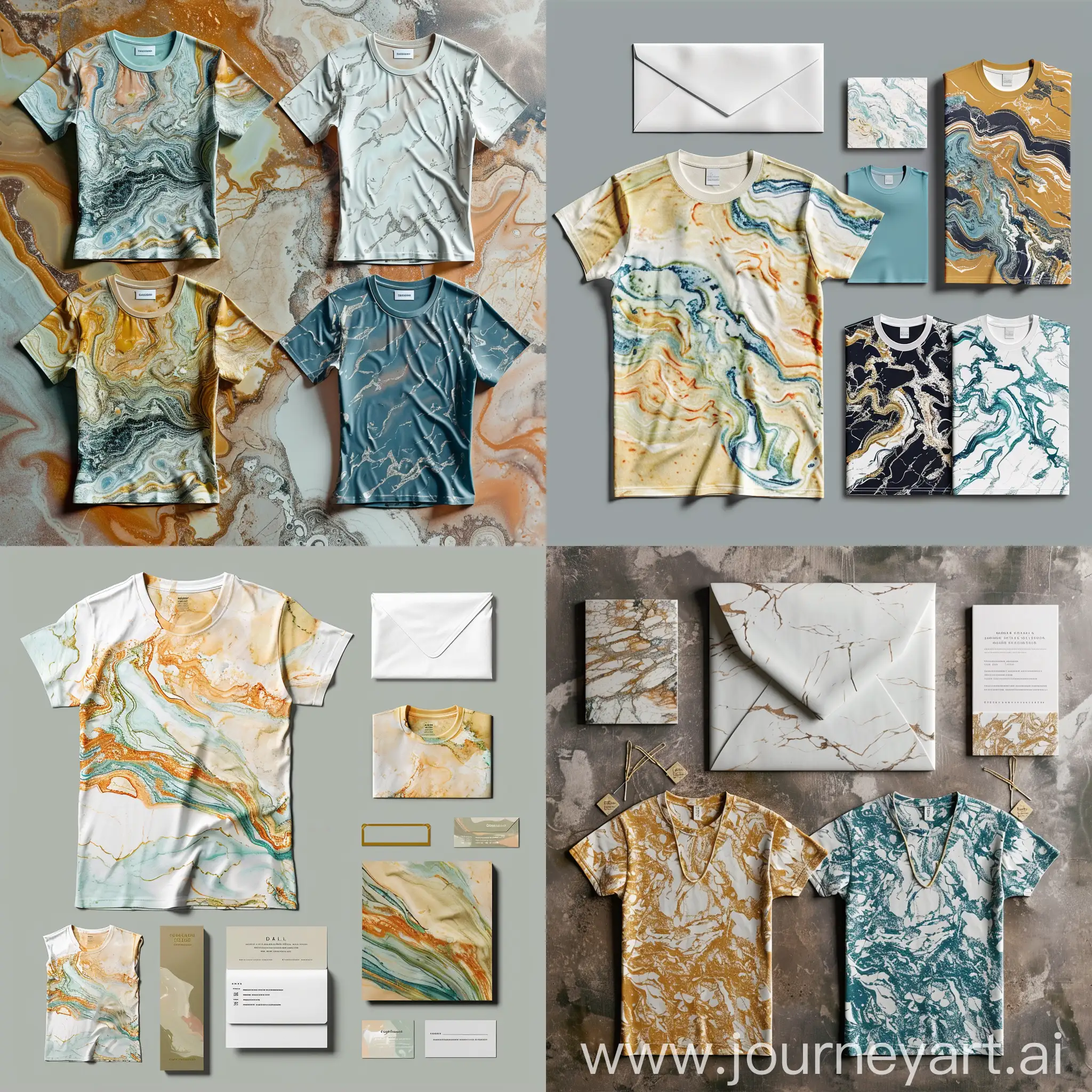 Marble-Inspired T-shirt Design (Seasonal): Create a T-shirt design that reflects the natural patterns of marble for both summer and winter seasons. Use lighter and vibrant tones for the summer version and deeper, richer colors for the winter version.  DALL-E Prompt: "Design a corporate identity for a marble company including the following items:  T-shirt Design (Summer/Winter) Diplomat Envelope Business Card Letterhead Folder Employee ID Card Accounting Documents (Invoice, Receipt, etc.) Establishing Corporate Colors Email Signature Design"