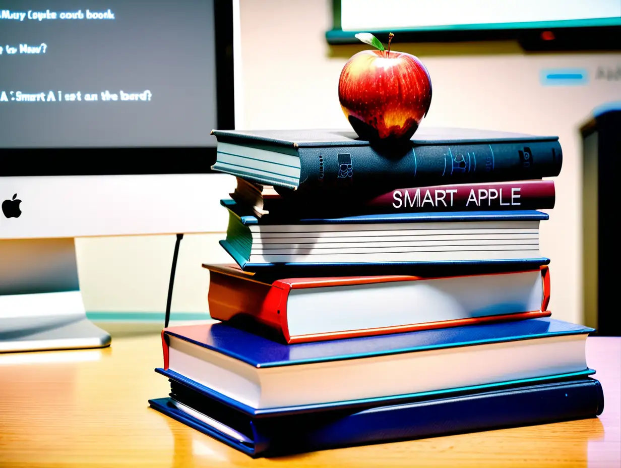 close up photograph of a stack of books with an apple on top in front of an ai smart board teaching 

