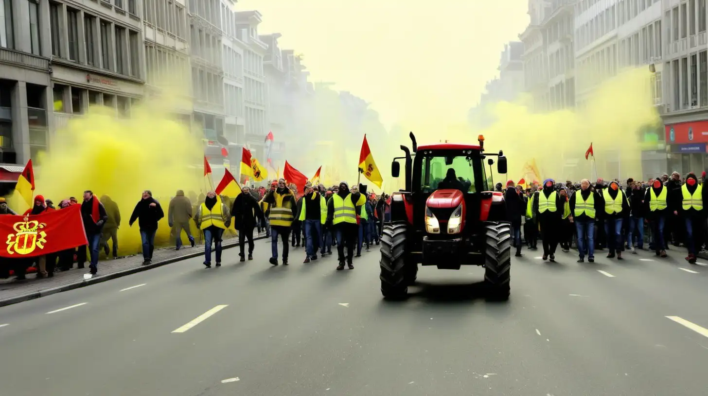 Protest  with tractors in Belgium Brussels, low camera angle shot, big crowd with belgium flags, Yellow smoke in the background center, gilets Jaunes in the street of Brussels, colors Black yellow red, Belgium protest, frontline walking ona horizontale line at left a farmer a child  a father a blonde female a farmer the all wearing a yellow vest 