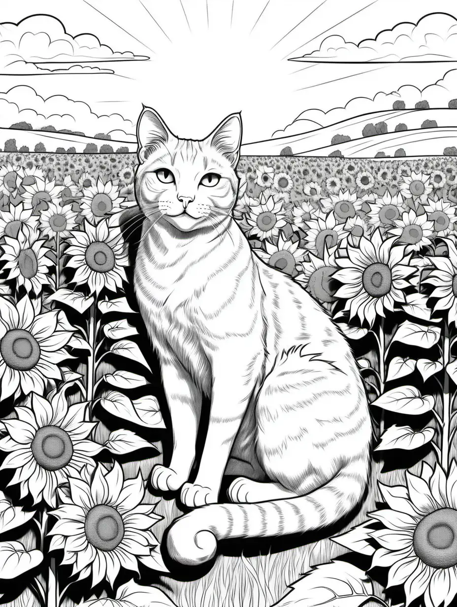 colouring page of A content cat basking in the warm sunlight on a field of sunflowers.
