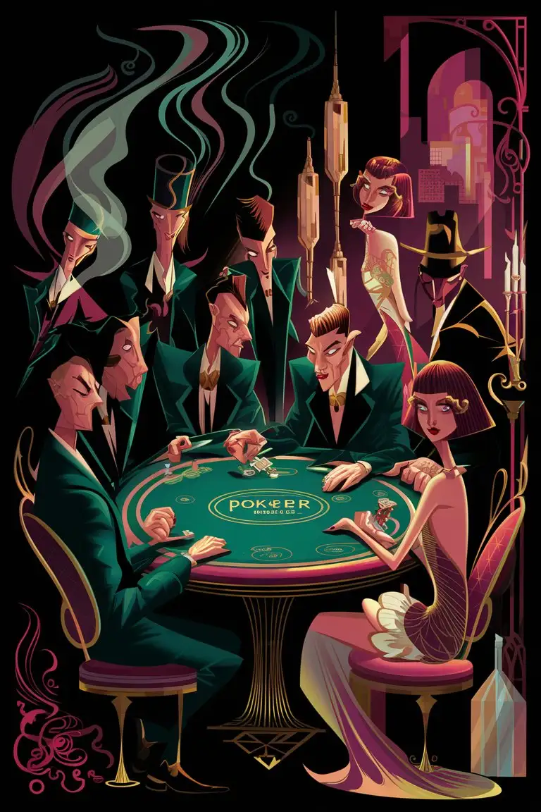 Elegant-Art-Deco-Poker-Game-with-Sleek-BobHaired-Woman-in-Glamorous-Gown
