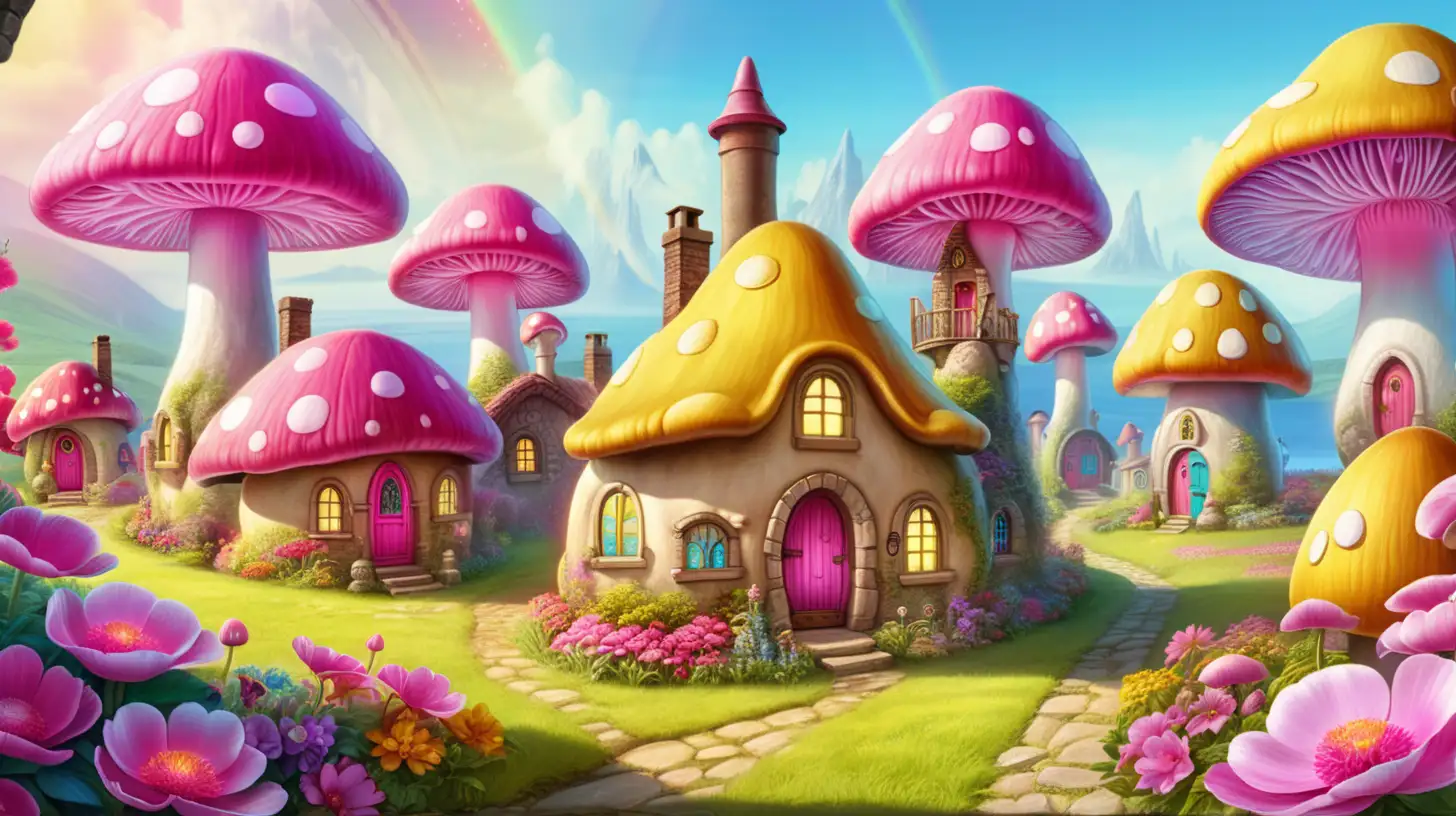 magical rainbow glowing mushroom village with pink mushroom windows and doors and a chimney in a garden of yellow peony