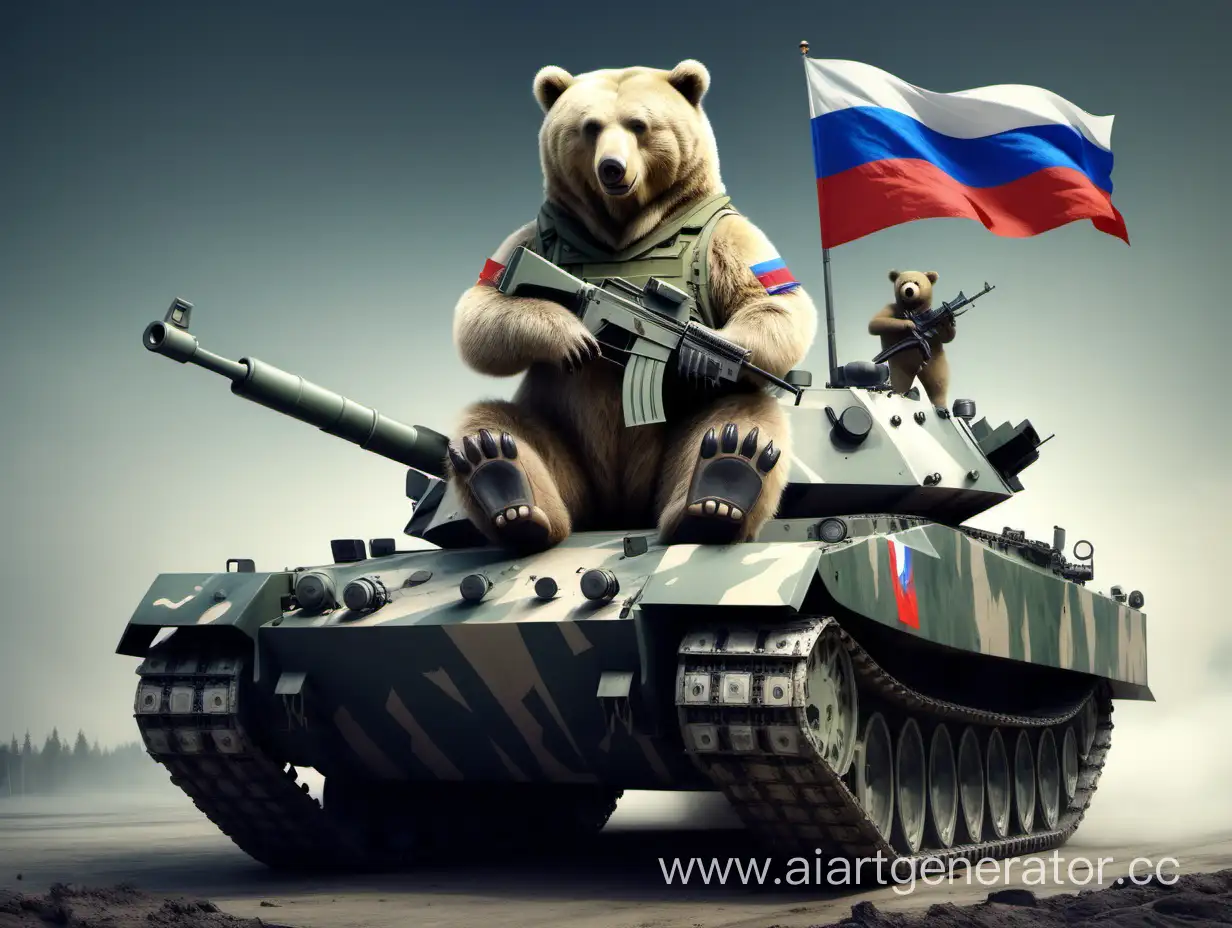 Военный медведь с флагом России на груди с танком и оружием  