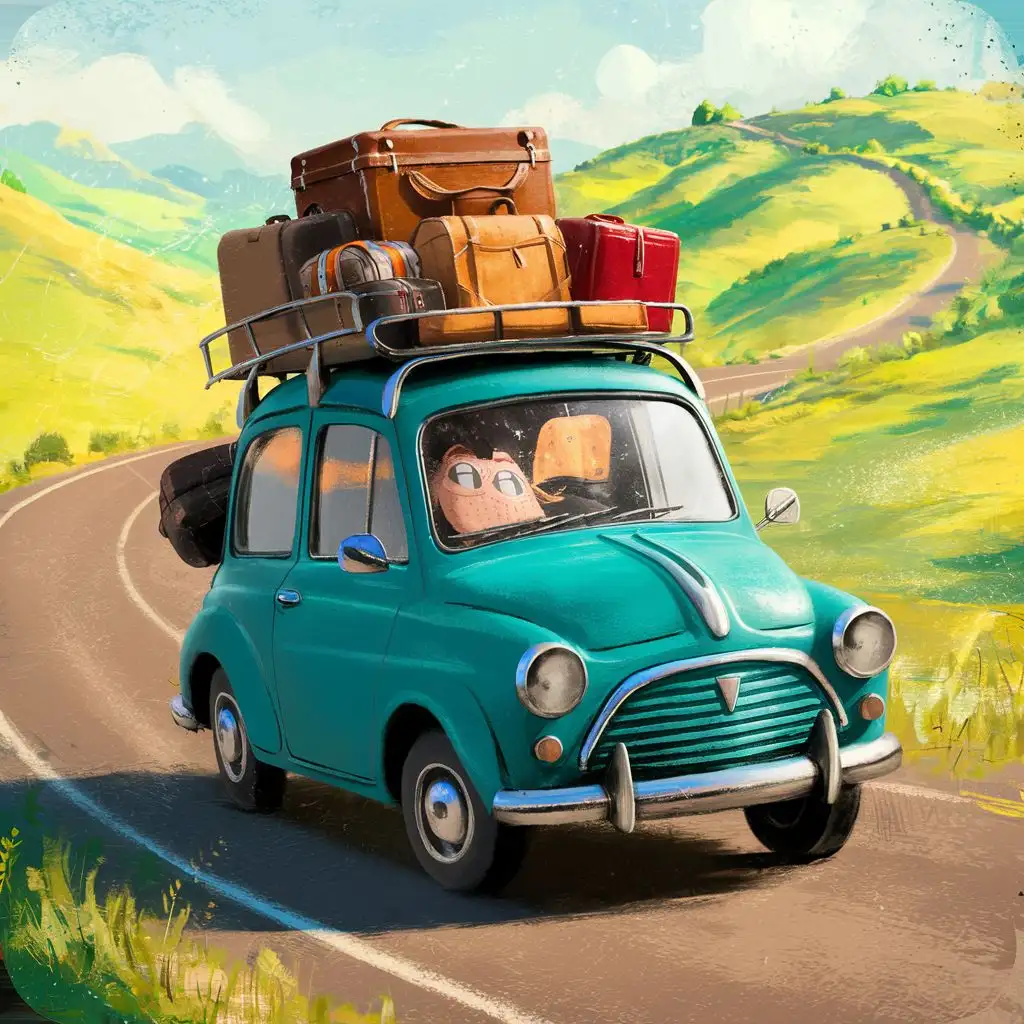 a teal car, loaded with bags and suitcases on roof, 2d drawing
