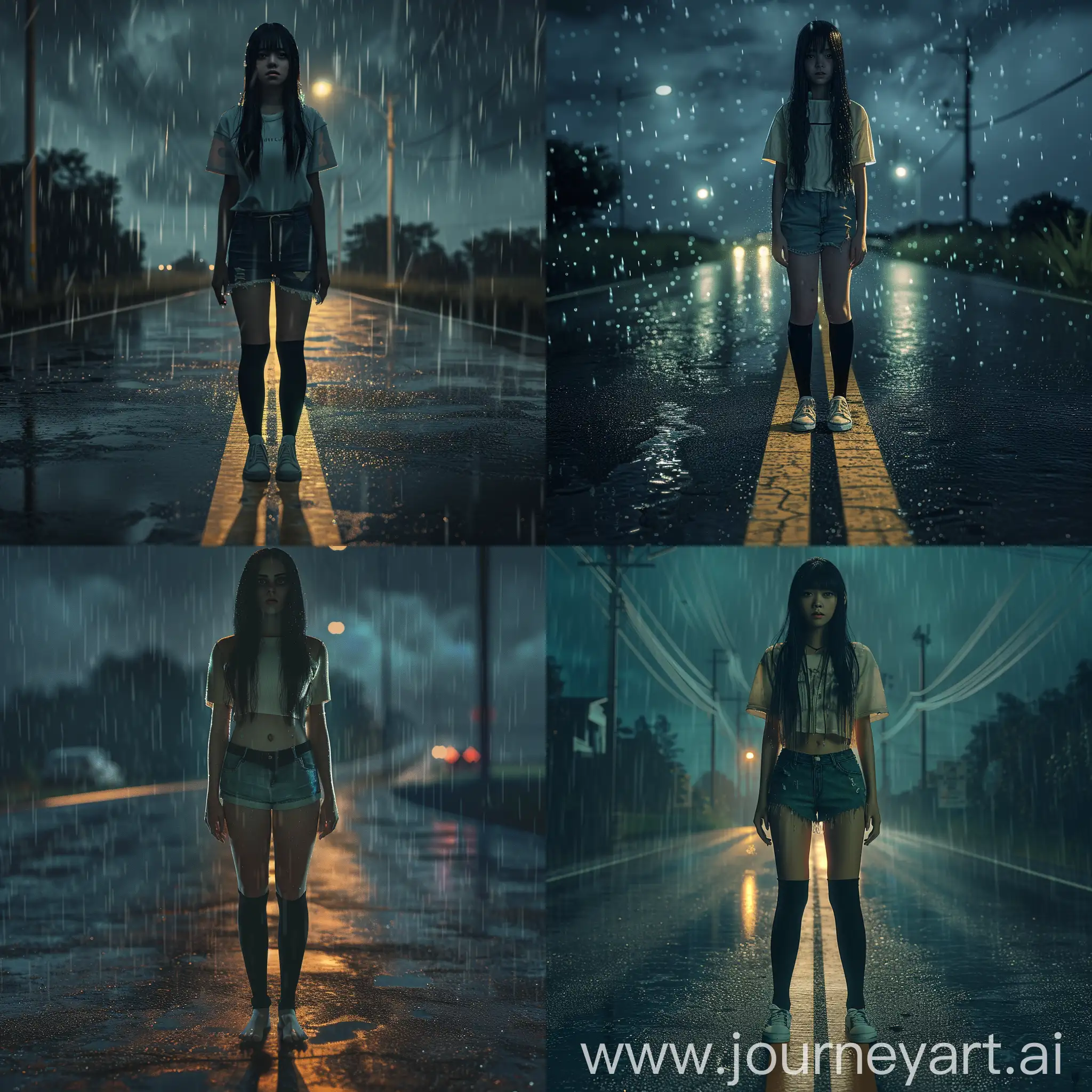 A 33 years old woman, casual clothes, long black sock, round face, round eyes, small lips, black hair, standing, raining, on the middle of the road, wet, midnight, gloomy atmosphere, volumetric light, 8K resolution