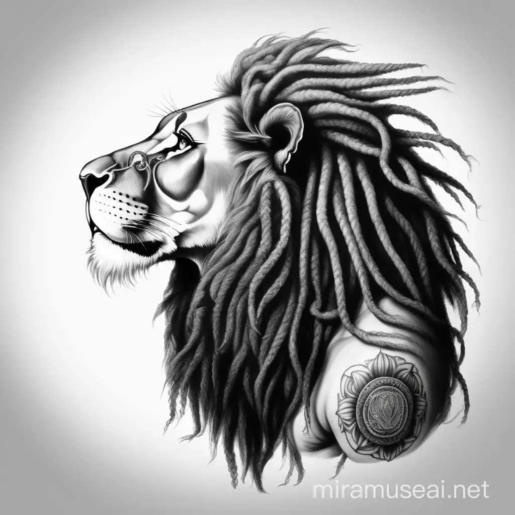 Rastafari Lion Tattoo Profile Portrait in Black and White