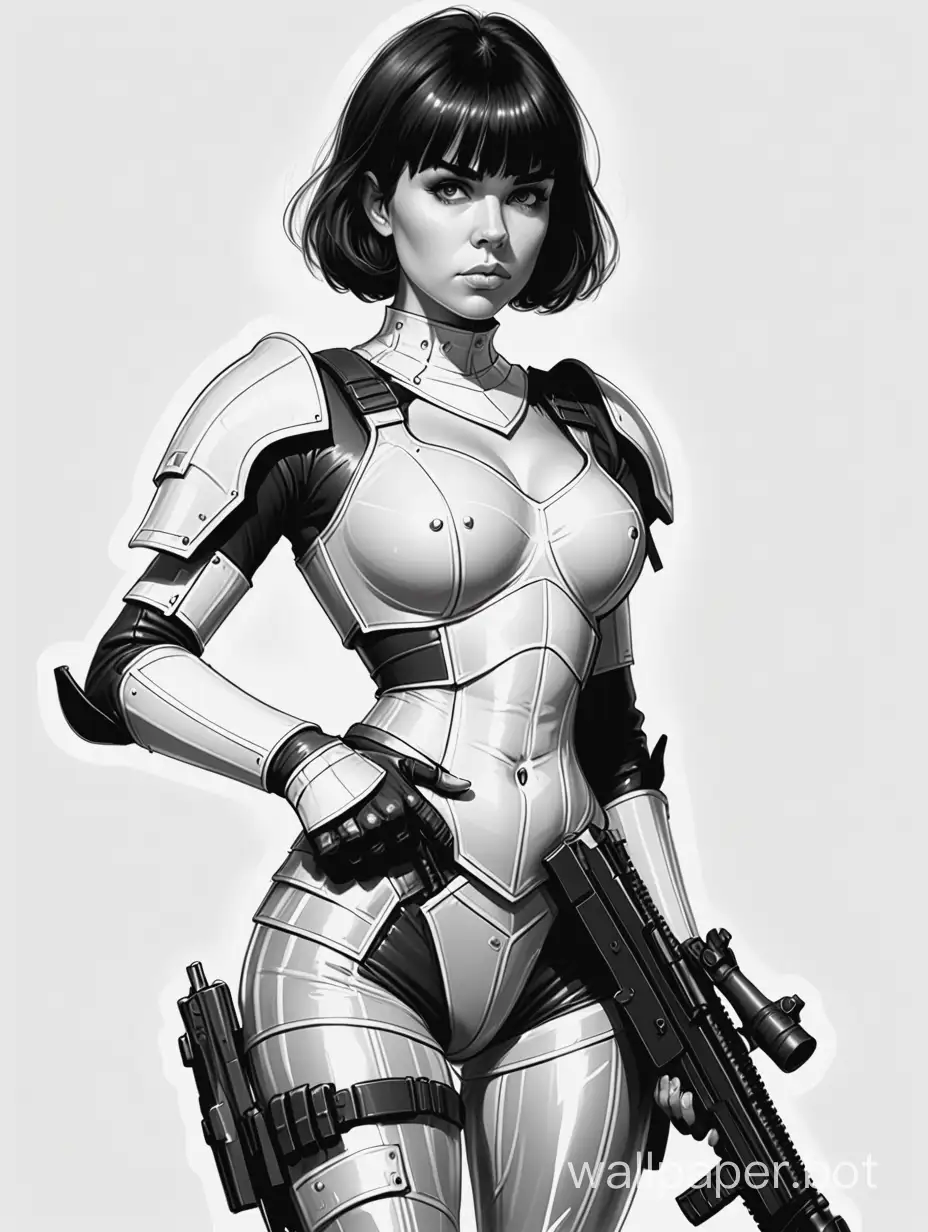 Young Julia Stangruber. Large chest. Short dark hair with bangs. Narrow waist. Blaster rifle. Mistress killer. Fabric transparent armor. White background. Black and white sketch. Full length. Large chest. Narrow waist. Wide hips. 8K quality. White background. Black and white sketch. Nude-magic style.
