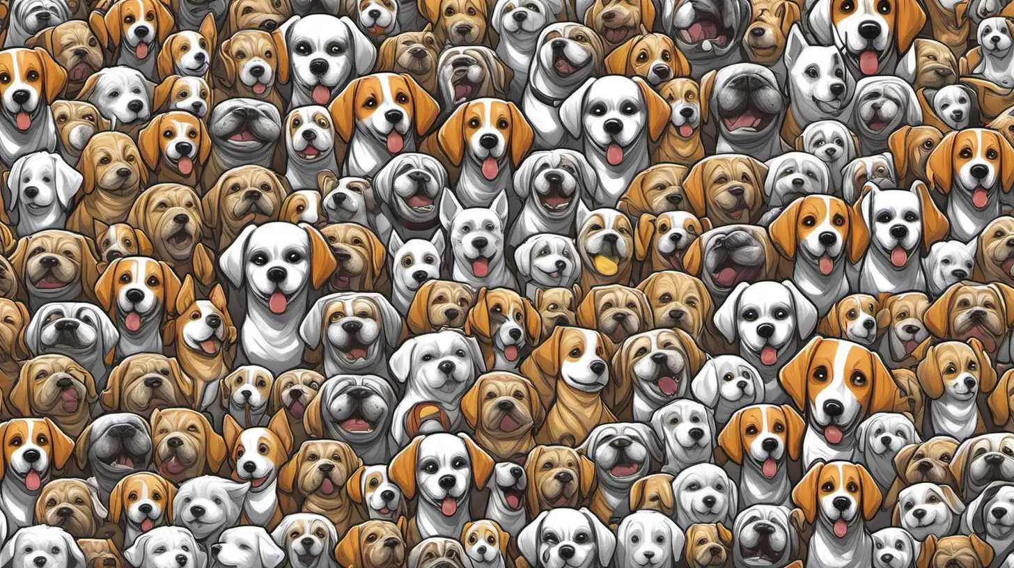 Background art for a best selling tshirt store about dogs. Create a variety of dogs, all of them should be cute