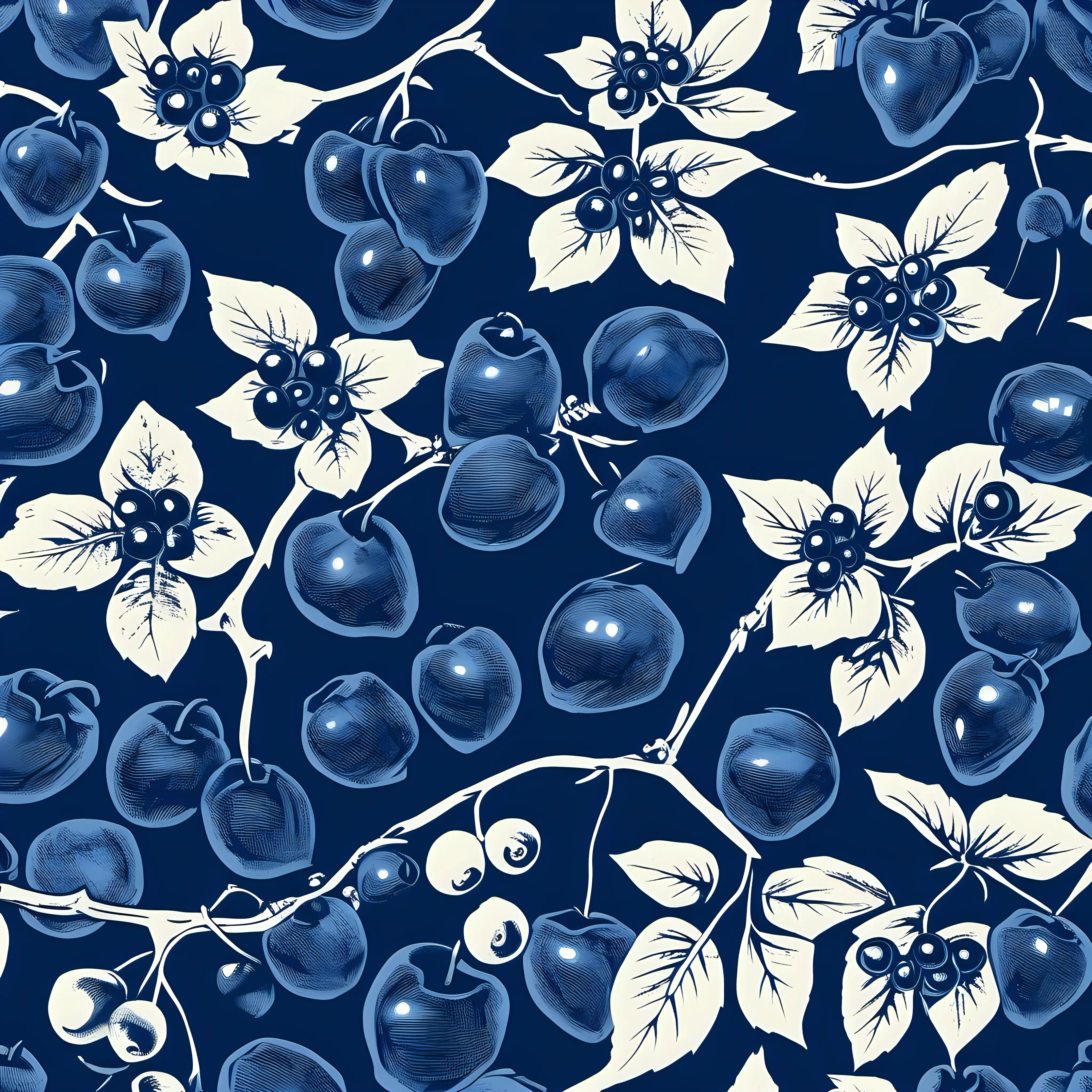 /imagine prompt HAND PRINTED, MANY SMALL  BLUEBERRYS ON THE VINE, BLUE, BOTANIC ELEGANCE, ANDY WARHOL INSPIRED