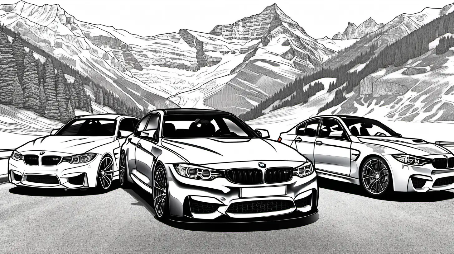 Luxury BMW Coloring Page with M3 M4 and M5 Models in Scenic Swiss Setting