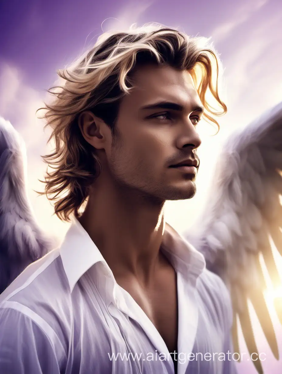 красивый мужчина, мужественное лицо, светлые волнистые волосы, античный стиль,  в белой рубашке на фоне сиреневого неба, свет, день, солнце, ангел, фантазия.