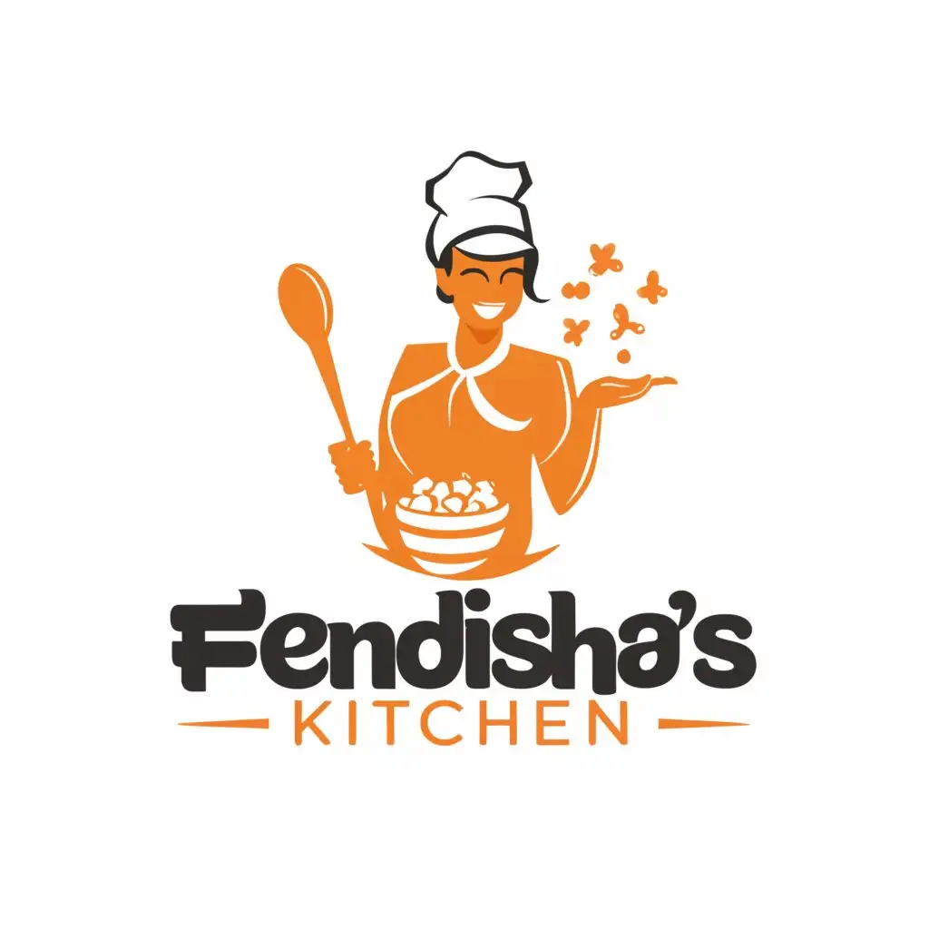 a logo design, with the text 'Fendisha’s Kitchen', main symbol: a smiling woman holding ladle on right and popcorn on left, complex, to be used in Restaurant industry, clear background