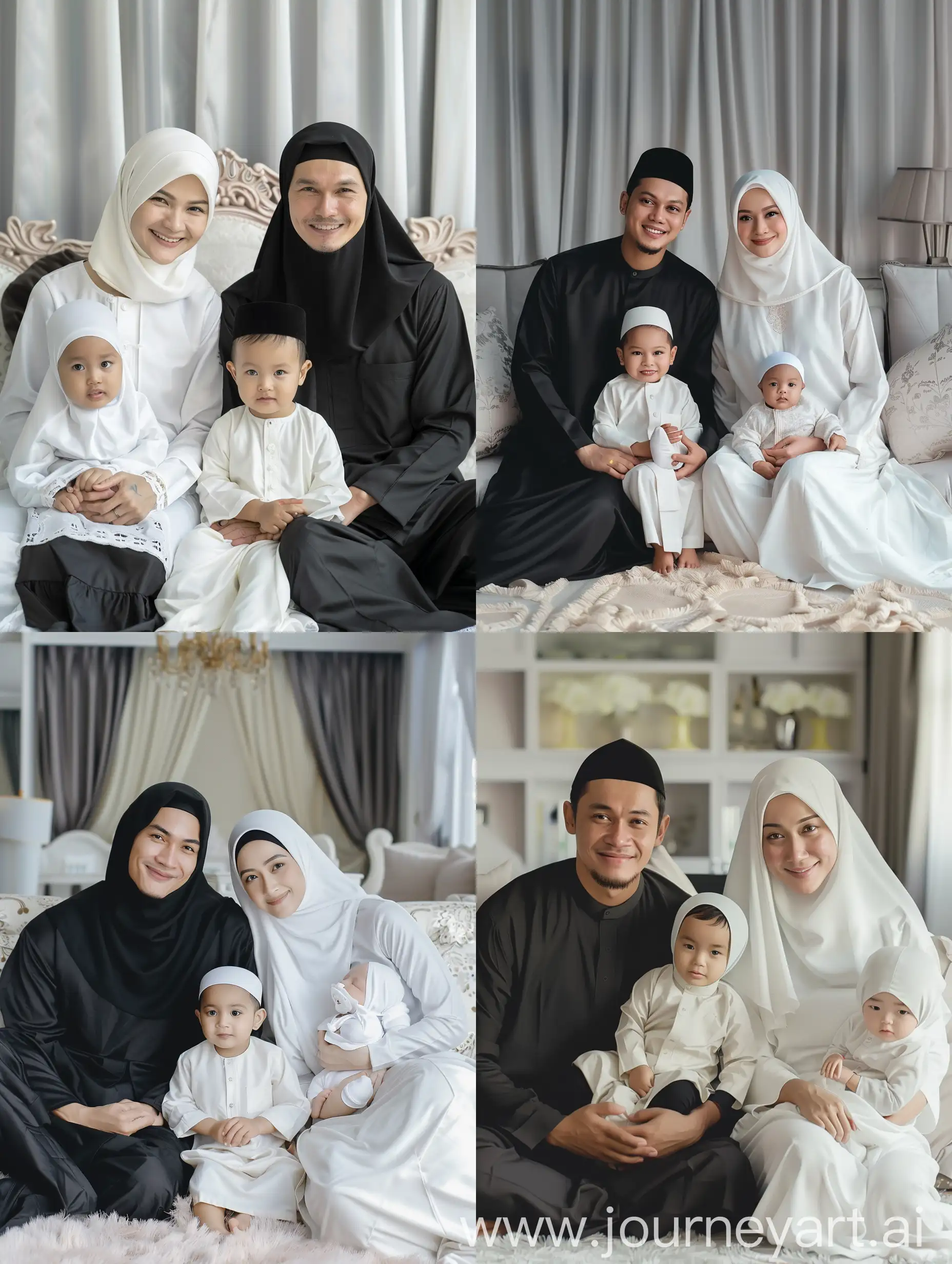 (8K, RAW Photo, Photography, Photorealistic, Realistic, Highest Quality, Intricate Detail), Medium photo of 25 year old Indonesian man, fit, ideal body, oval face, white skin, natural skin, medium hair, wearing black Muslim koko clothes, side by side with a 25 year old Indonesian woman wearing a white hijab, white Muslim clothes, they smile facing the camera, their eyes look at the camera, the corners of their eyes are parallel, and a 10 year old child dressed in white Muslim clothes and a 5 month old baby dressed in white Muslim clothes at home Luxurious sitting on a clear HD sofa like real