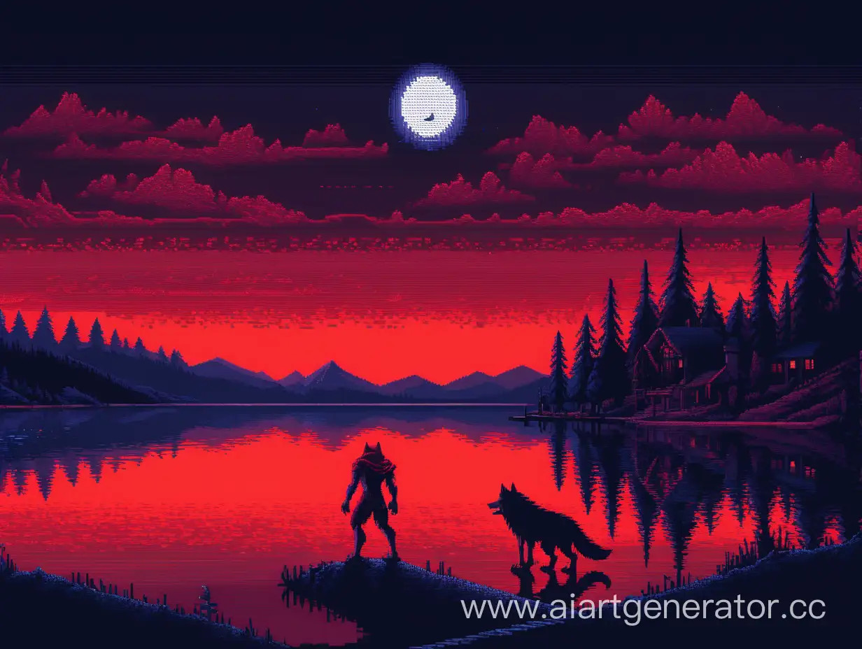 Brutal-Red-Riding-Hood-Werewolf-by-the-Wide-Lake-Night-Pixel-Art