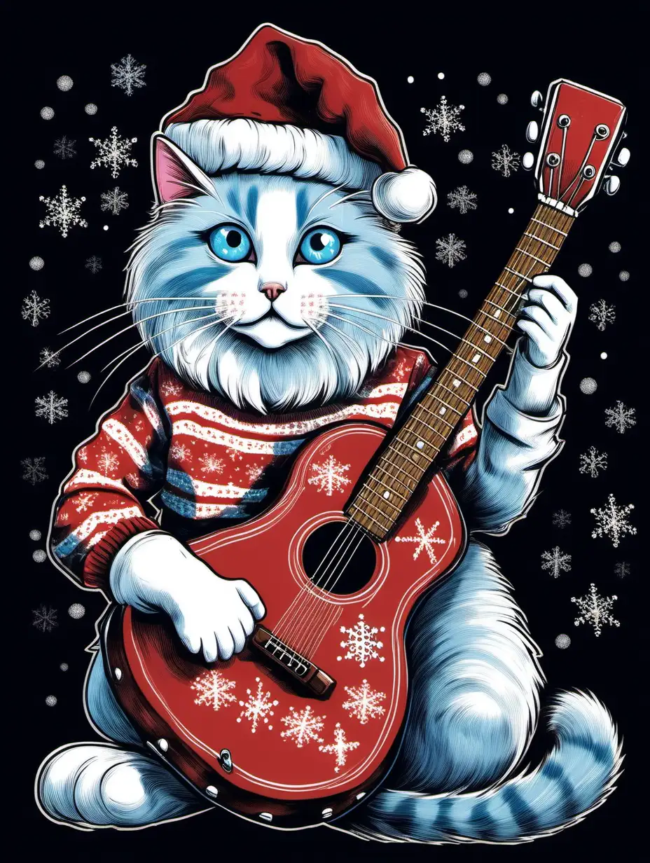 vintage old fashioned illustration of a ragdoll cat with blue eyes wearing a christmas hat and an ugly sweater and playing a black guitar in the middle of a black background