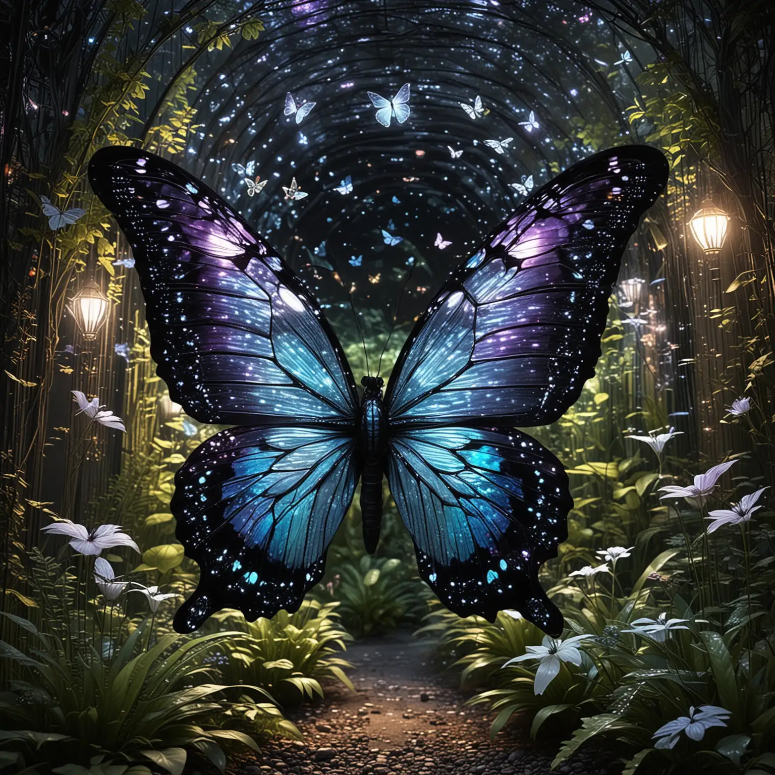Futuristic Wildlife Oasis Butterfly Garden with Glowing Enhancements
