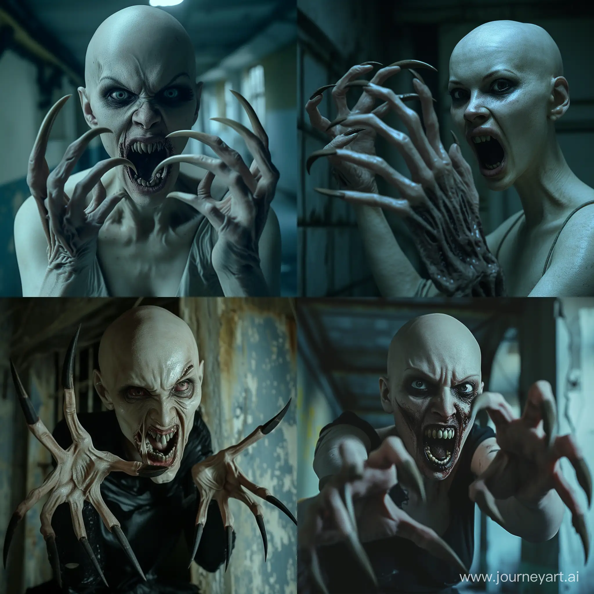 Terrible Zombie woman with long curved pointed nails protruding from her fingers like menacing claws, she looks like a  who has climbed out of the grave, her mouth is threateningly open exposing pointed teeth resembling fangs, she bald, The scene takes place at night, in an abandoned building, hyper-realism, photorealistic, cinematic, high detailed, nails detailed, detailed photo.