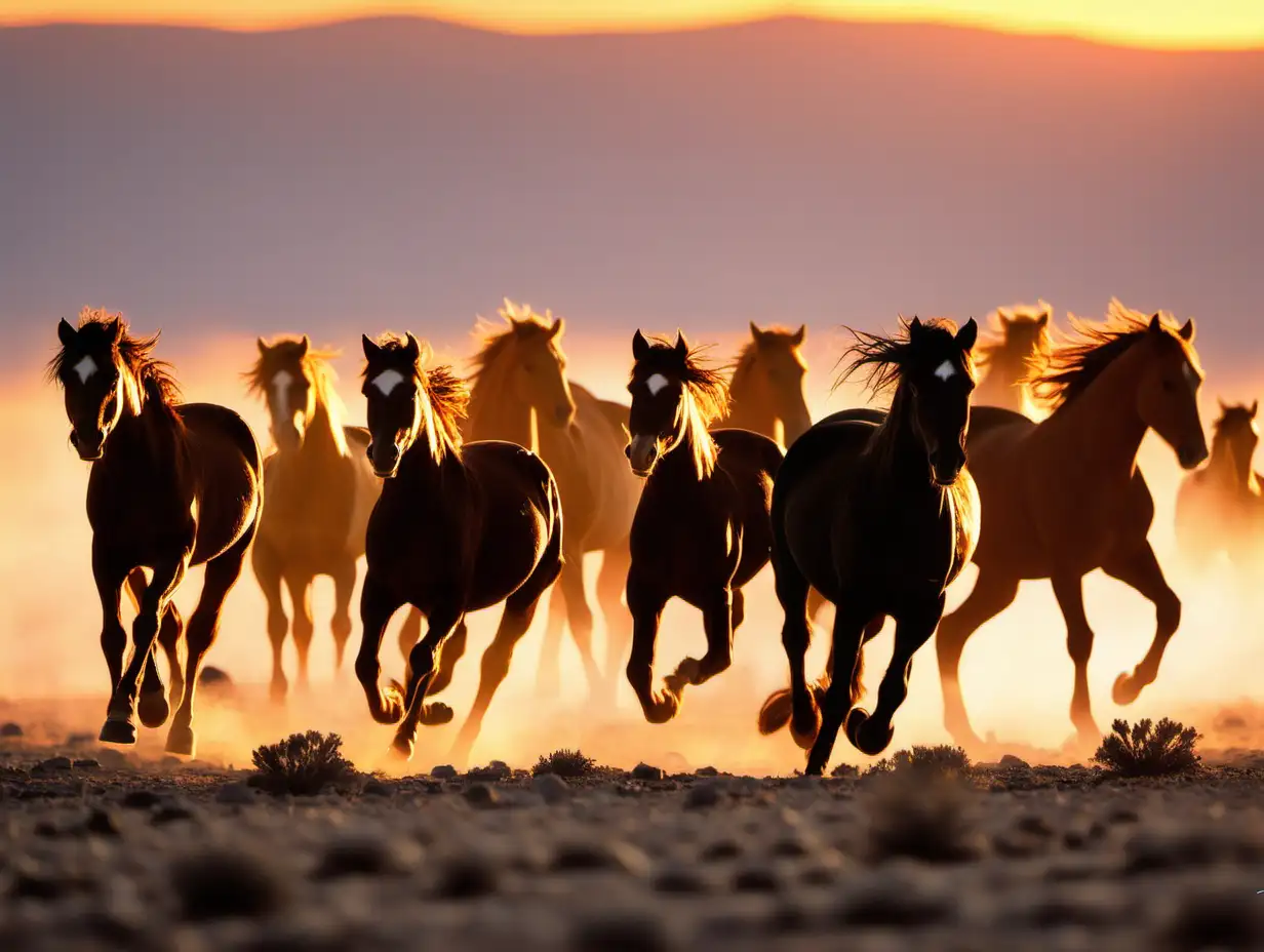 Majestic Wild Mustangs Galloping Across Vibrant Sunrise Landscape