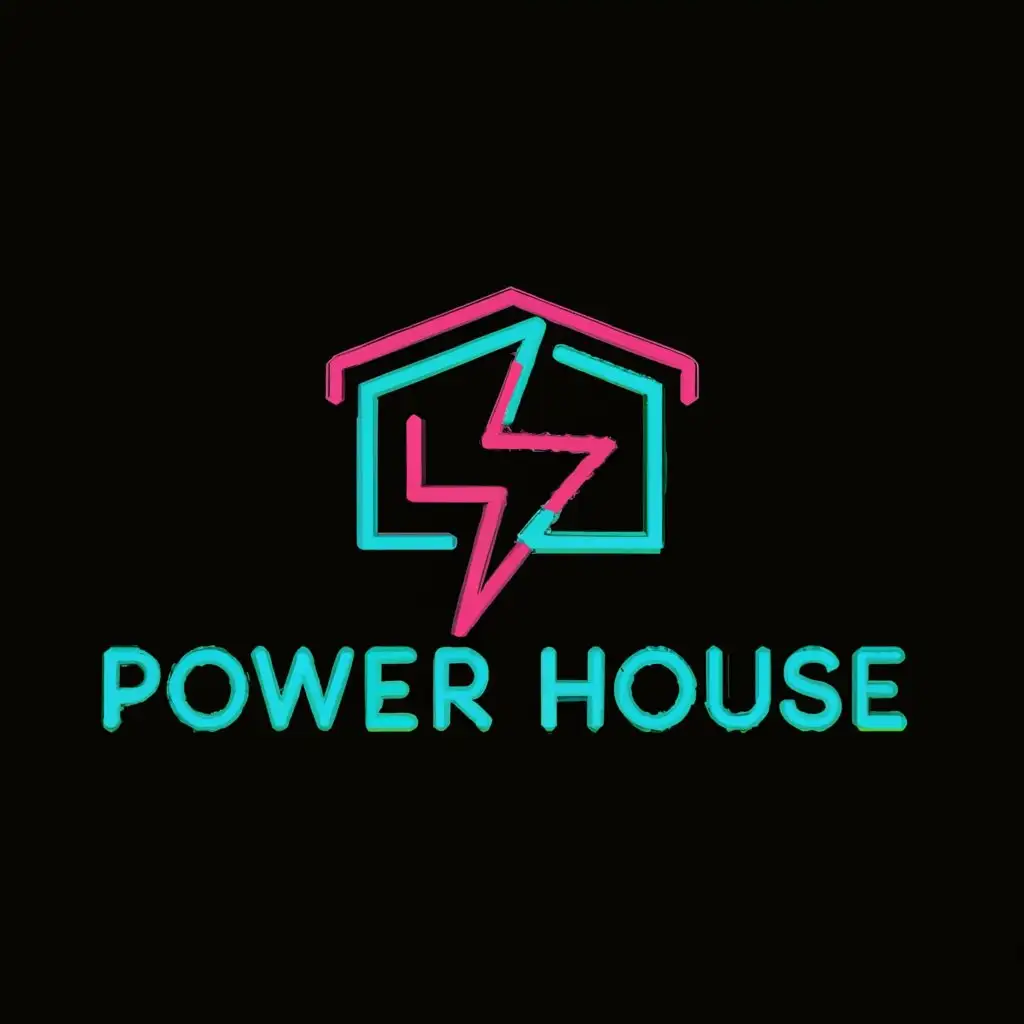a logo design,with the text "Power House", main symbol:house outline with a lighting bolt through it and a circle or other shape around it. use colors navy, hot pink, and teal.,Moderate,be used in Construction industry,clear background