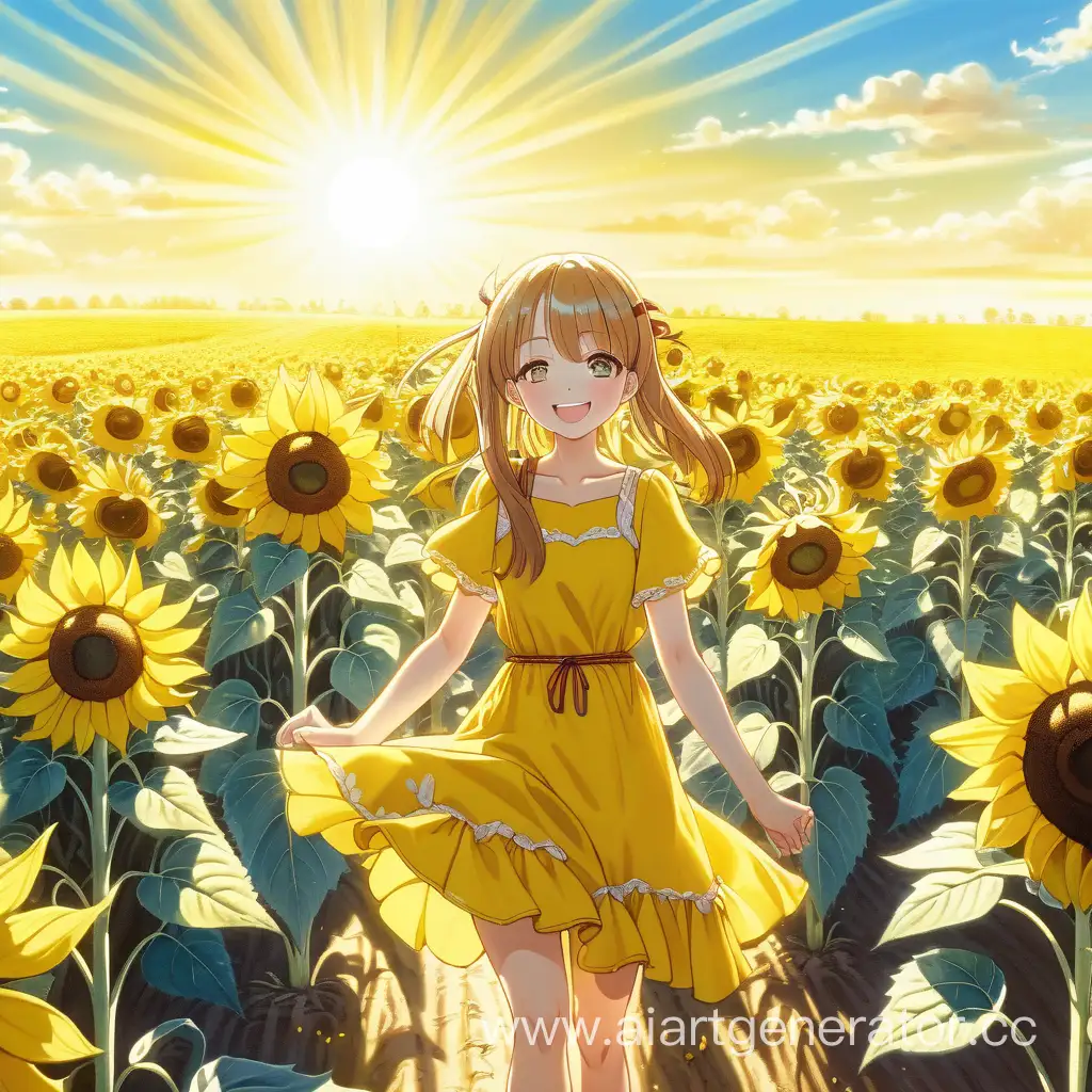 Joyful-Anime-Girl-Walking-in-Sunflower-Field