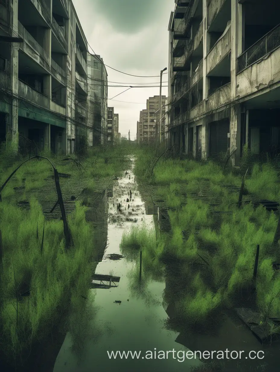 Заброшенный пост апокалиптичный город который затопило болото 
