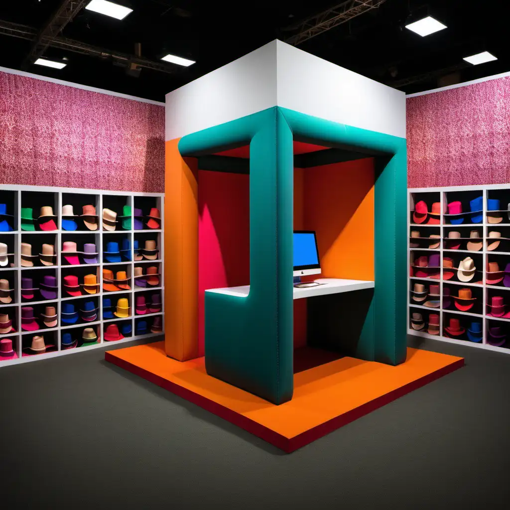 Vibrant Hatthemed Booth with Dual Monitors Creative Showcase of Colorful Headwear