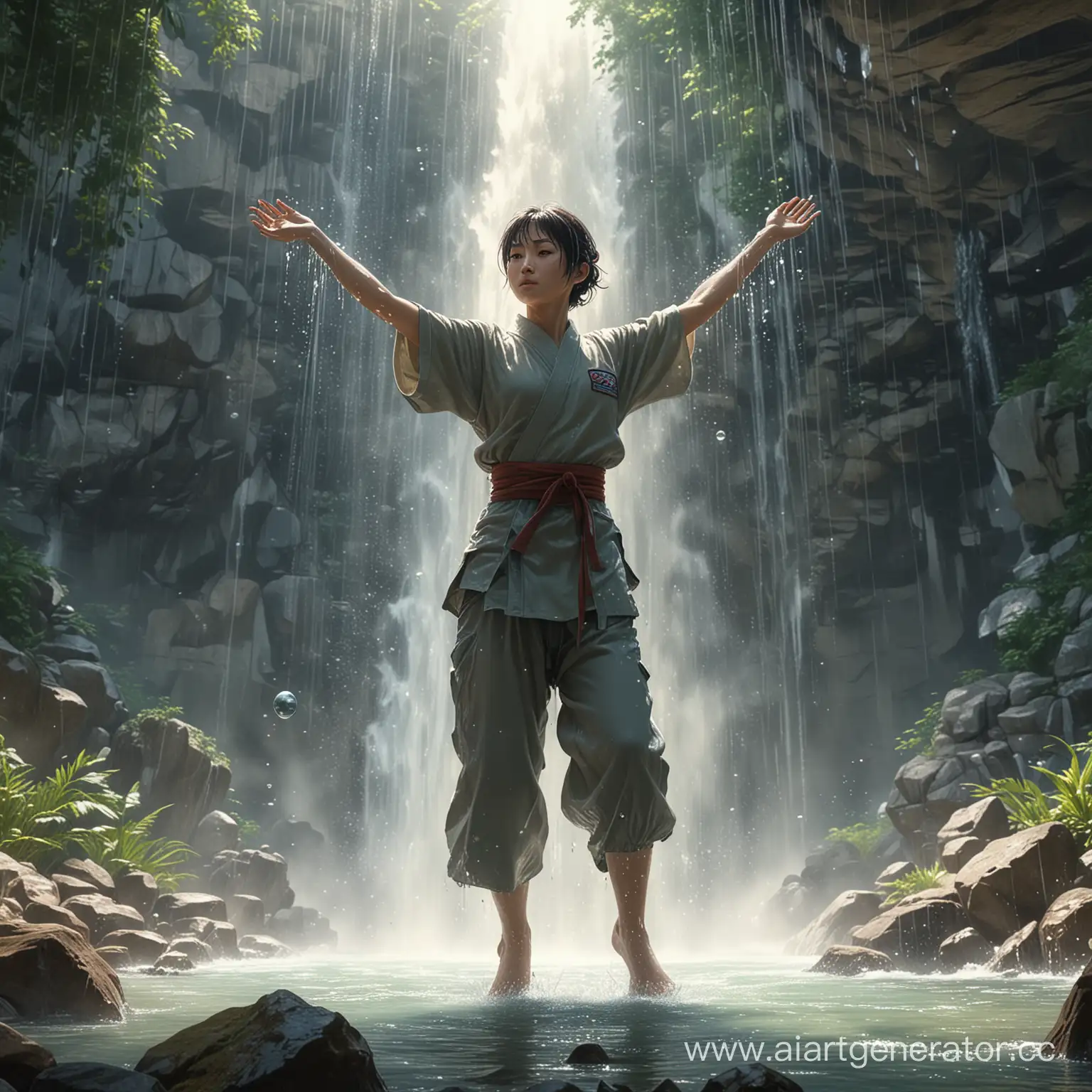 muscular Chinese pugilist, Makoto_Shinkai, Miwa_Komatsu, (dynamic acrobatic pose:1.1), standing facing under a waterfall, (determination, grit:1.1), (hands outstretched playing with water magic orbs:1.1), beautiful detailed realistic eyes and face, long eyelashes, whimsical background landscape of flora, misty waterfall, epic cinematic creative lighting, (photorealistic 16K acrylic ink style illustration:1.21)